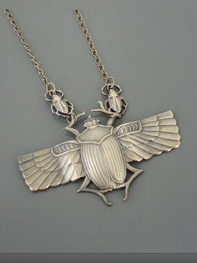Vintage Art Deco Scarab Necklace Egyptian Revival Statement Jewelry Brass